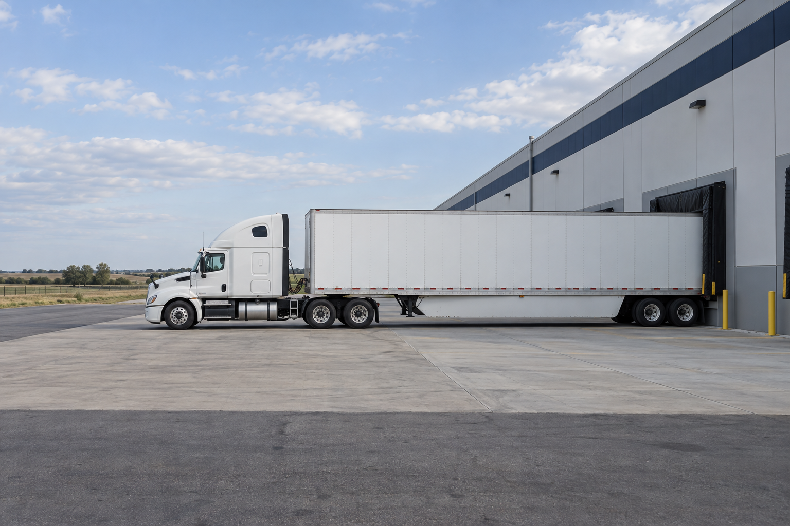 Plain white tractor-trailer positioned at a warehouse loading dock in an open Midwestern setting